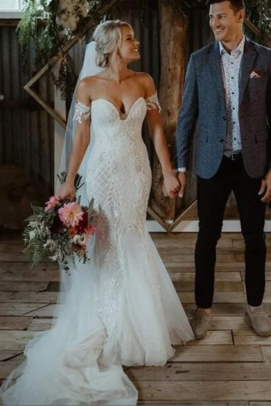 Mermaid Tulle Bohemian Dress Off the Shoulder Lace Beading Wedding Dresss Cool Women's Skate