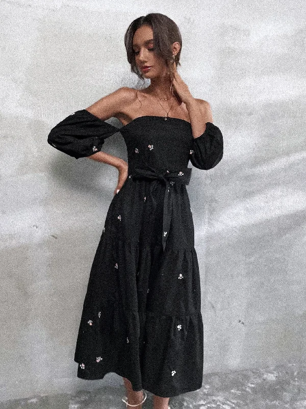 Ditsy Floral Belted Three Quarter Length Sleeve Off The Shoulder Flared High Waist Long Dress