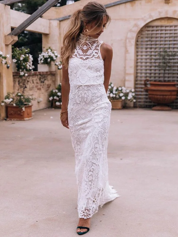 Boho Wedding Dress 2021 Sheath High Neck Sleeveless Floor Length Bridal Gown Laid - back Women's Style