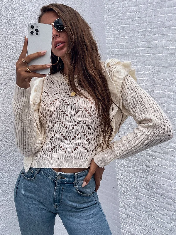 Casual Plain Ruffle Long Sleeve Round Neck Crop Women Sweater Bold Women's Statement Casual Plain Ruffle Long Sleeve Round Neck Crop Women Sweater Bold Women's Statement