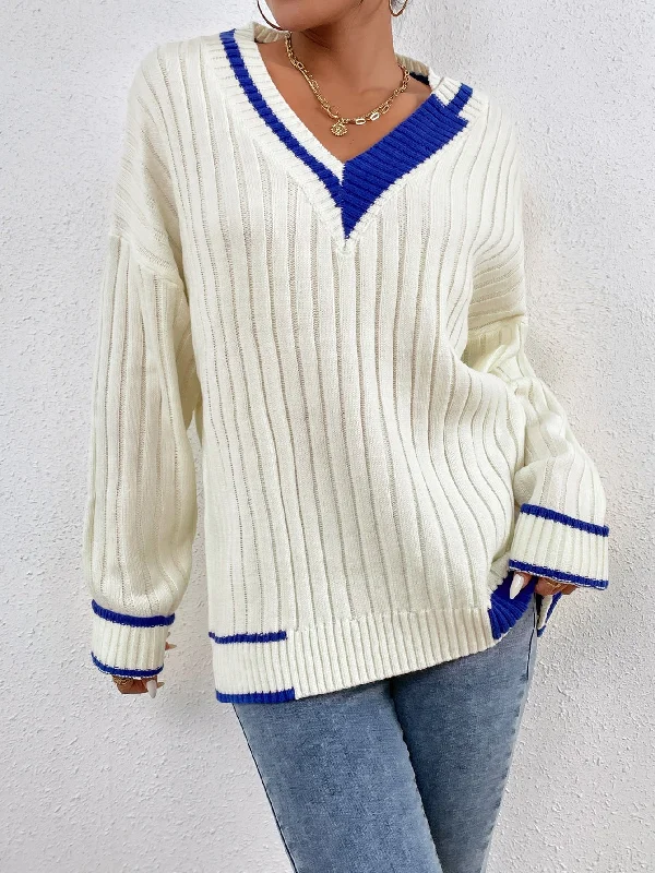 Casual Striped Long Sleeve V Neck Regular Women Sweater