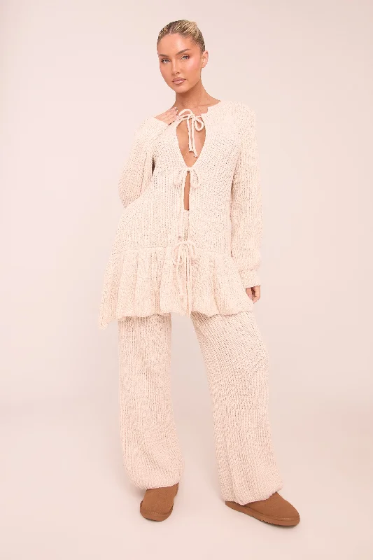 Beige Knit Tie Front Frill Hem Cardigan & Straight Leg Trouser Loungewear Co-ord Set - Julianna Laid - back Women's Style
