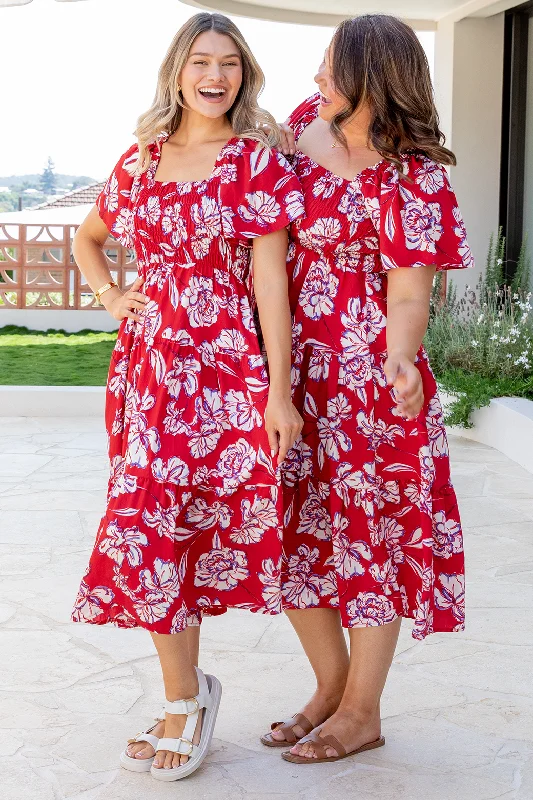 Willow Midi Dress Bloom Print Red Earthy Women's 