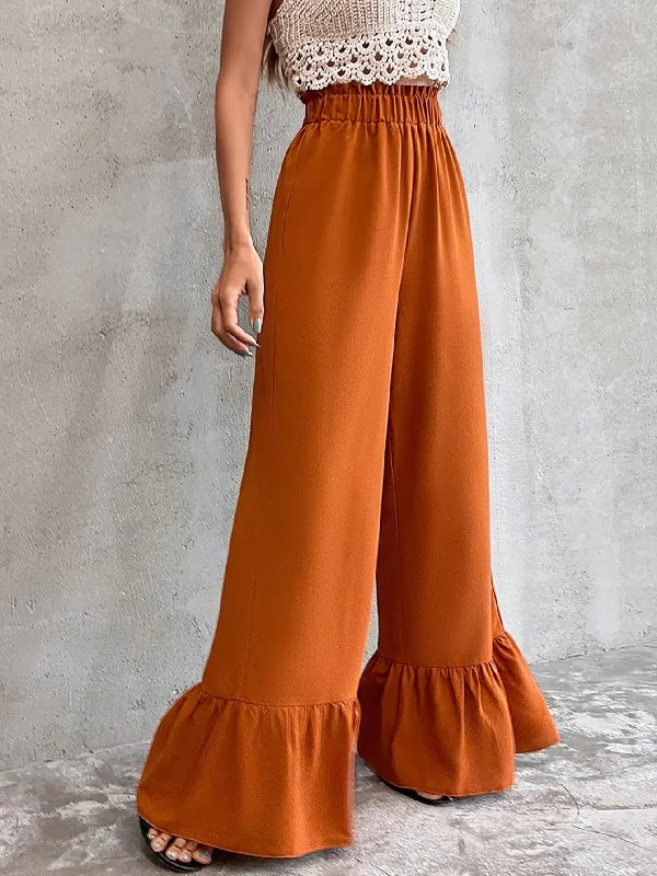 Boho Plain Paper Bag Waist High Waist Long Women Pants Monochromatic Office Style