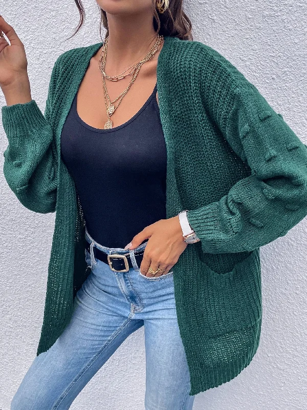 Casual Plain Pocket Long Sleeve Short Women Cardigan