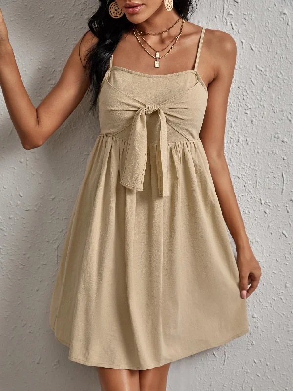 Plain Tie Front Sleeveless Spaghetti Strap Flared High Waist Short Dress