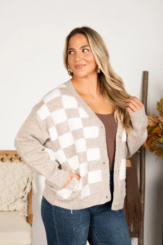 Puff Checker Sweater Button Up Cardigan performance