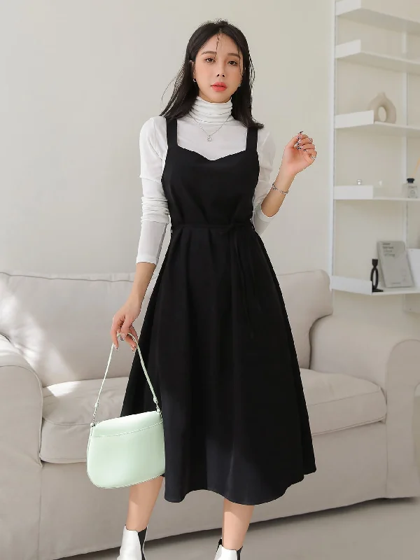 Plain Sleeveless Straps Flared High Waist Midi Dress