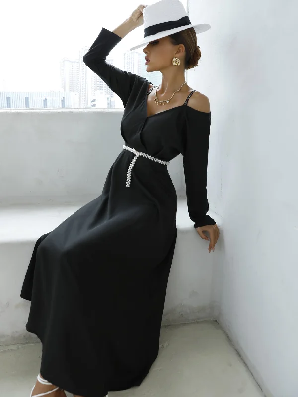 Plain Zipper Long Sleeve Cold Shoulder Flared High Waist Long Dress