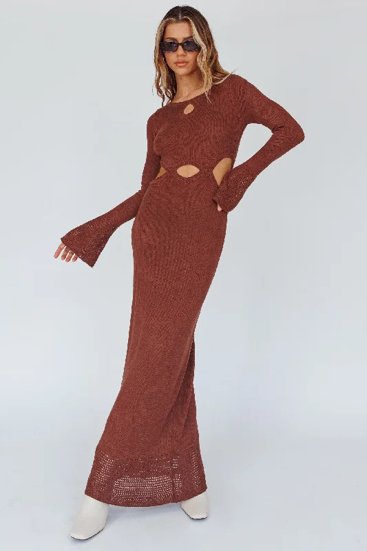 Long Sleeve Cut-Out Knit Maxi Dress Coffee Rugged Women's Outdoor 