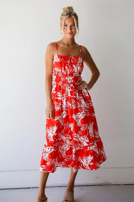 FINAL SALE - Perfect Paradise Orange Tropical Print Midi Dress Contemporary 