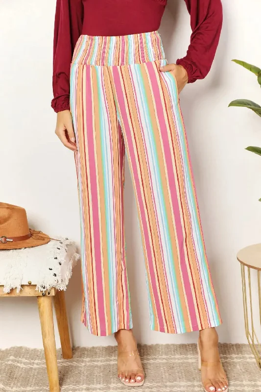 Double Take Striped Smocked Waist Pants with Pockets Hip Women's Urban