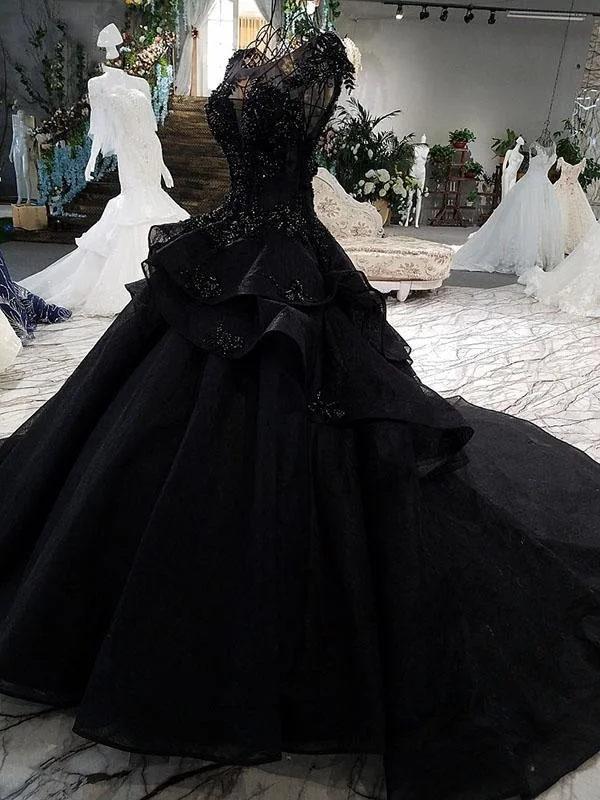 Gorgeous Black Ball Gown Cap Sleeves Long Wedding Dress garde