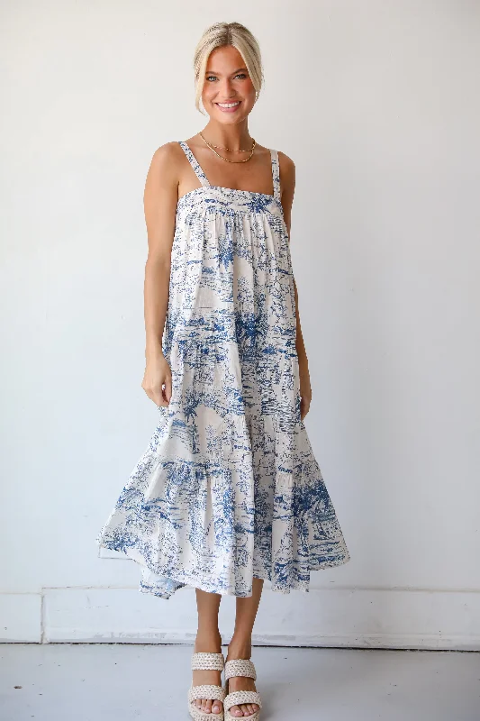 FINAL SALE - Tropical Lifestyle Blue Tiered Midi Dress Traditional Women's Wool
