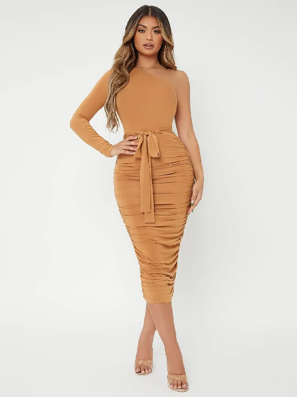 Plain Belted Long Sleeve One Shoulder Pencil High Waist Long Dress