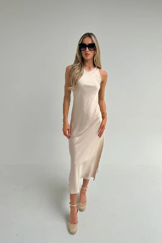 Elsa High Neck Satin Dress In Champagne