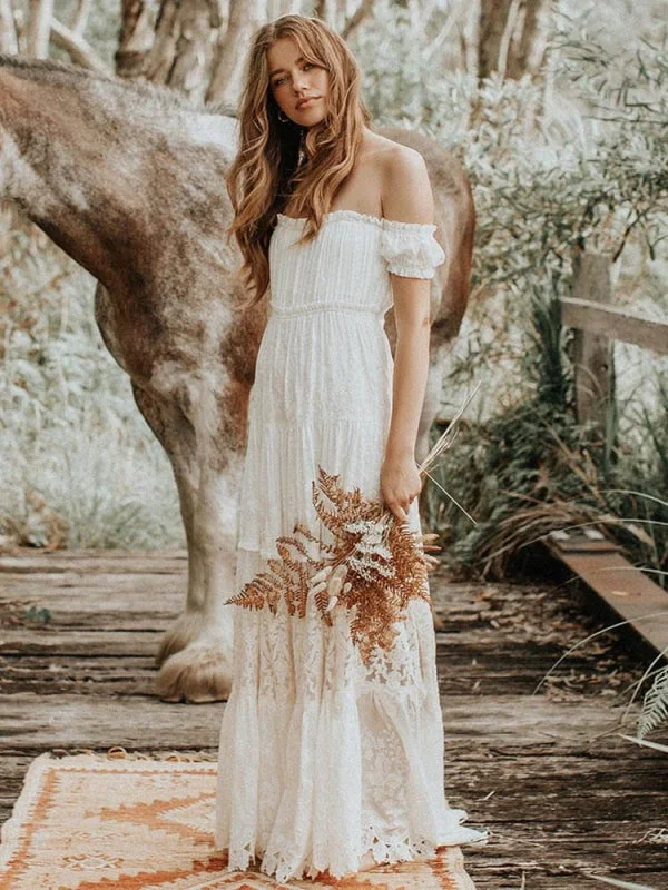 Boho Wedding Dress 2021 Lace Off The Shoulder A Line Floor Length Lace Bridal Gown Sharp Women's Italian