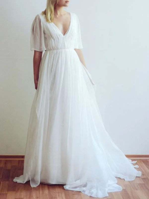 Simple Wedding Dress V Neck Half Sleeves Pleated A Line Floor Length Bridal Dresses