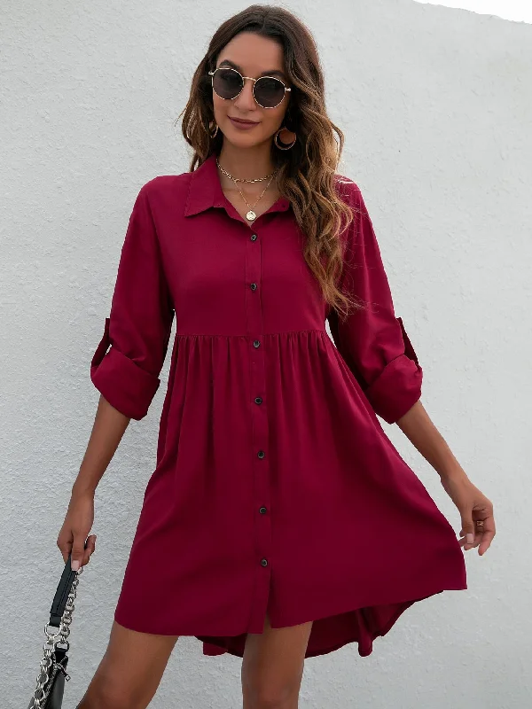 Plain High Low Long Sleeve Collar Flared High Waist Short Dress Hip Women's Retro