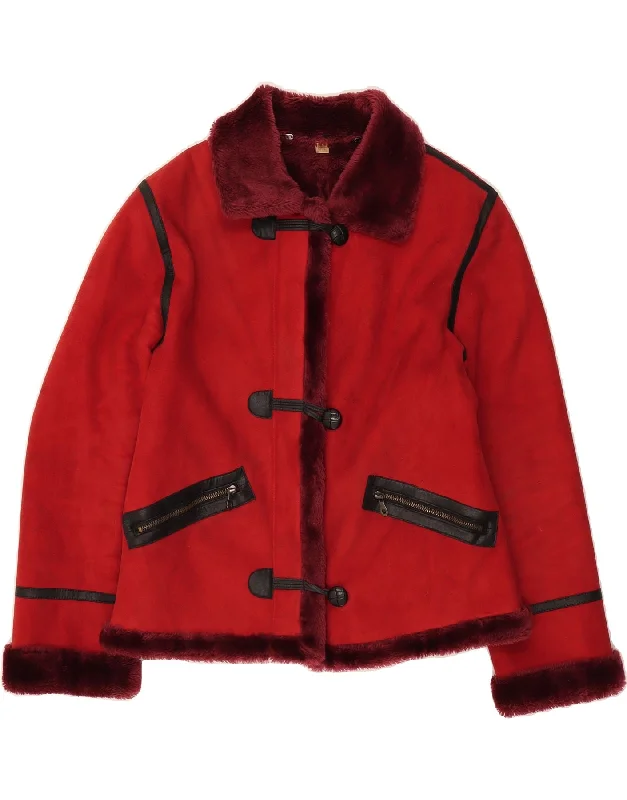 VINTAGE Womens Sherpa Jacket UK 12 Medium Red Acrylic performance