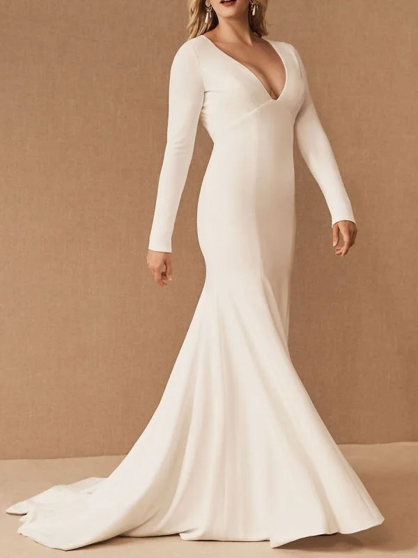 Simple Wedding Dresses Long Sleeves V Neck Mermaid Wedding Party Dress