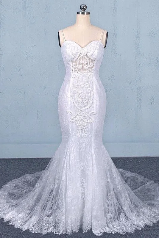 Spaghetti Straps Mermaid with Appliques Lace Beach Wedding Dress Artistic Women's Hand - painted
