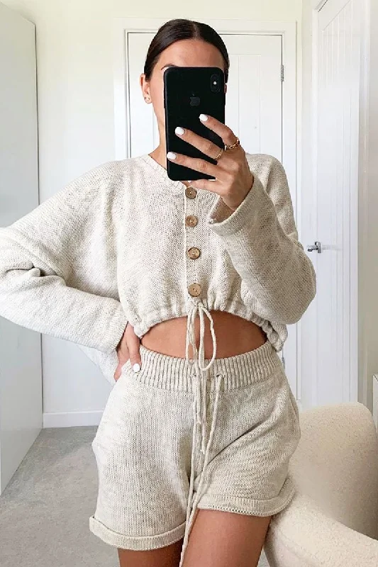 Beige Knit Hoodie Cardigan + Shorts Co-ord - Esther Earthy Women's 