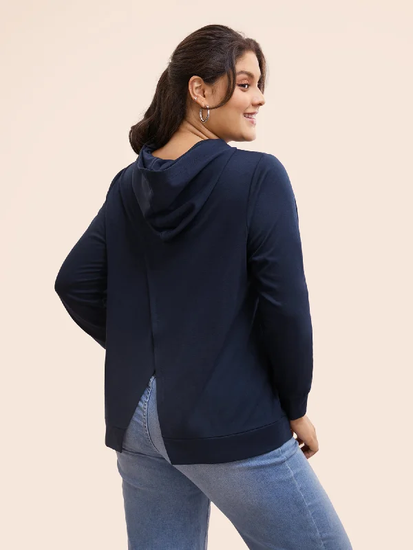 Plain Hooded Overlap Slit Hem Sweatshirt Streetwear Style for 