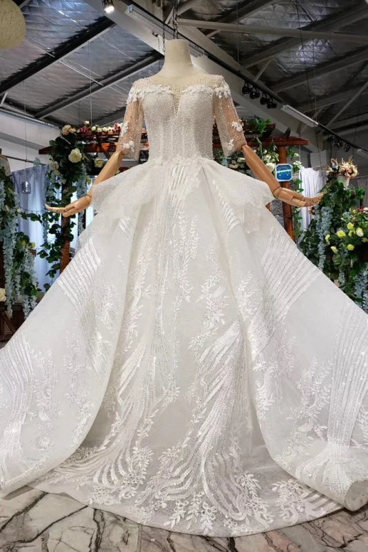 Ball Gown Half Sleeves Lace with Sequins Sheer Neck Long Wedding Dress Minimalist Women's Casual