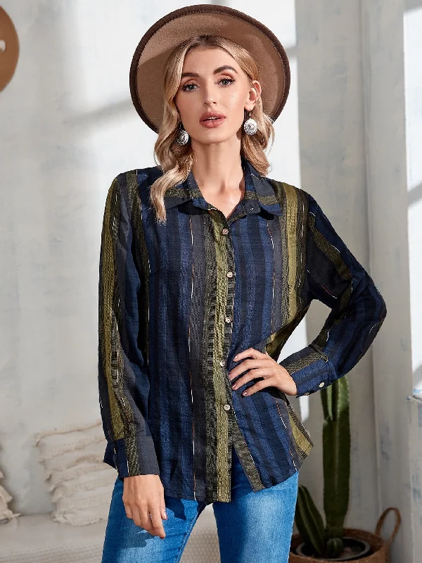 Casual Striped Button Front Long Sleeve Collar Regular Blouse Monochromatic All - in - one Casual Striped Button Front Long Sleeve Collar Regular Blouse Monochromatic All - in - one