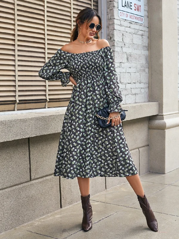 Ditsy Floral Shirred Long Sleeve Off The Shoulder Flared High Waist Midi Dress Trendy Women's Oversized Ditsy Floral Shirred Long Sleeve Off The Shoulder Flared High Waist Midi Dress Trendy Women's Oversized