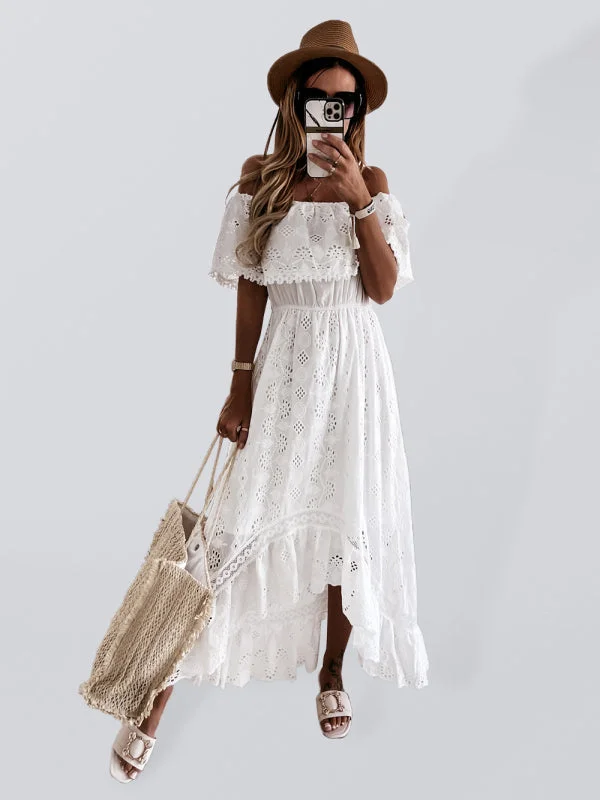 BerryBetty - Women's Solid Color Lace Off Shoulder Long Dress Hip Women's Urban