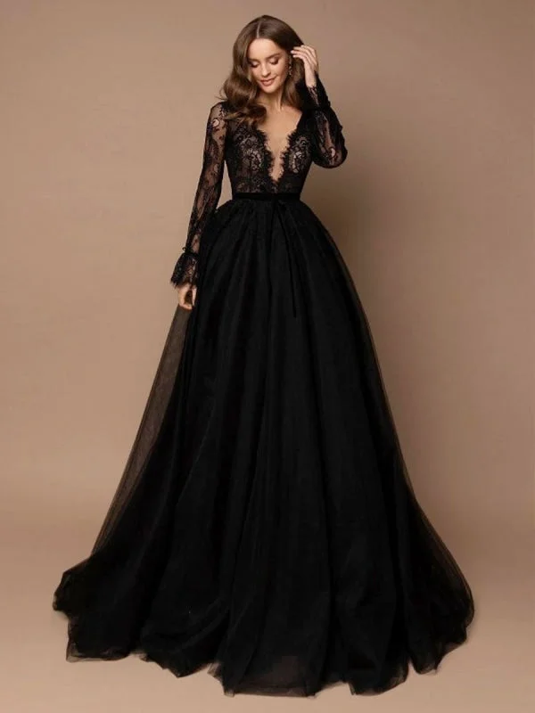 Black Wedding Dress With Train A-Line V-Neck Long Sleeves Lace Sweep Tulle Lace Bridal Gowns