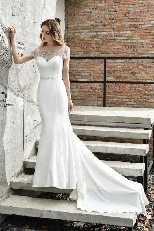 Bridelily Short Sleeve Mermaid Satin Lace Wedding Dress Unique Women's Upcycled
