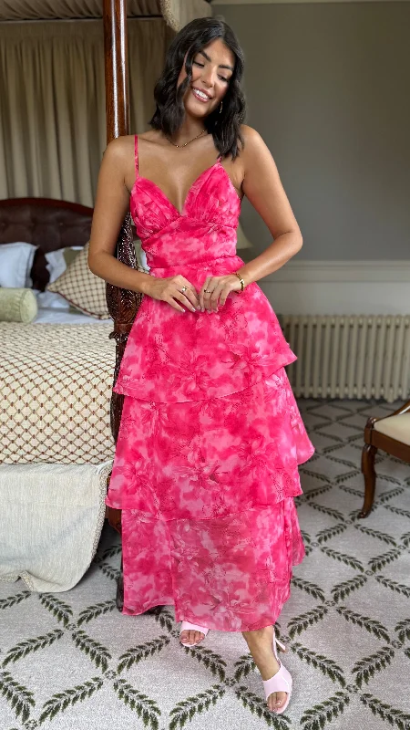 Emmeline Hot Pink Floral Organza Floral Dye Maxi Dress Tough Women's Military - inspired