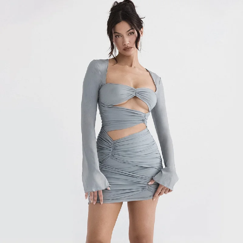 BerryBetty - Ruched Cut Out Wrap Trim Long Sleeve Bodycon Party Mini Dress - Gray Feminine Women's Soft 