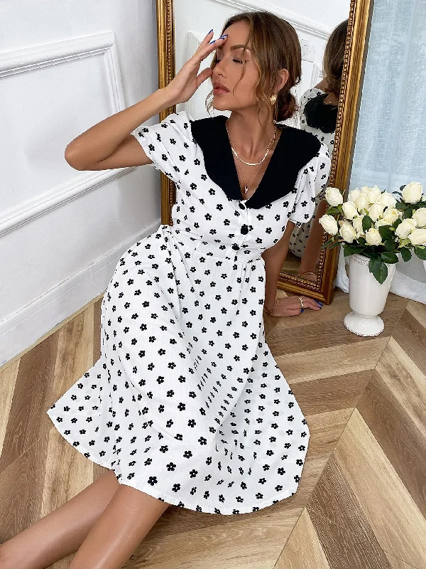 Ditsy Floral Button Short Sleeve Peter Pan Collar Flared High Waist Midi Dress Cool Women's Distressed