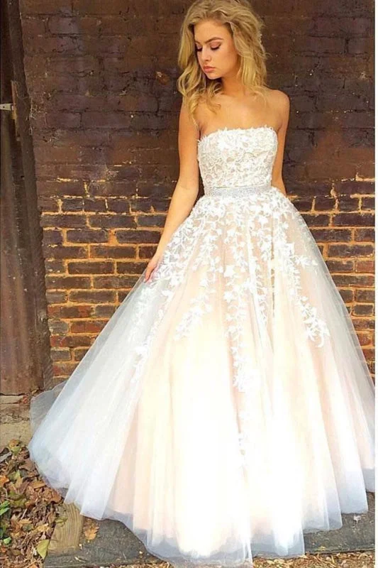 Princess A-line Strapless Tulle Long with Lace Appliques Wedding Dress Edgy Women's Punk