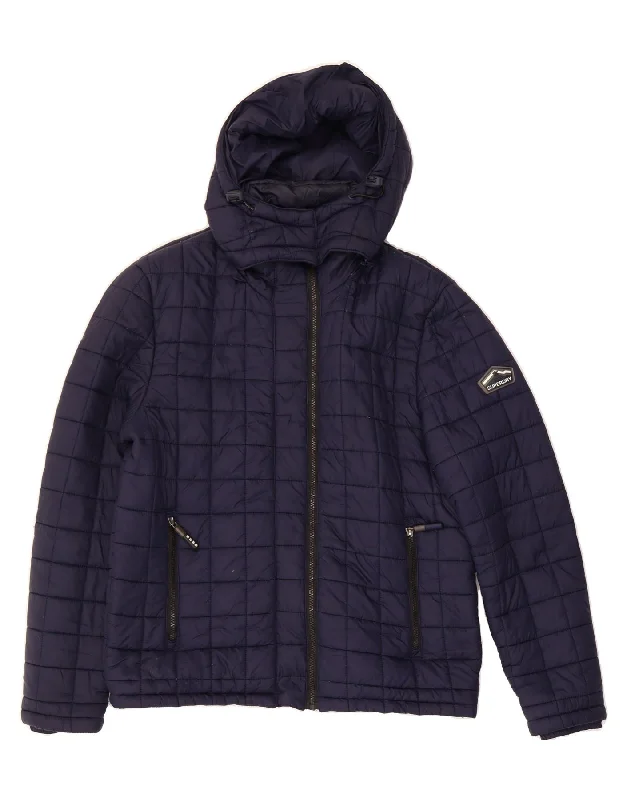 SUPERDRY Womens Hooded Padded Jacket UK 16 Large Navy Blue Polyester