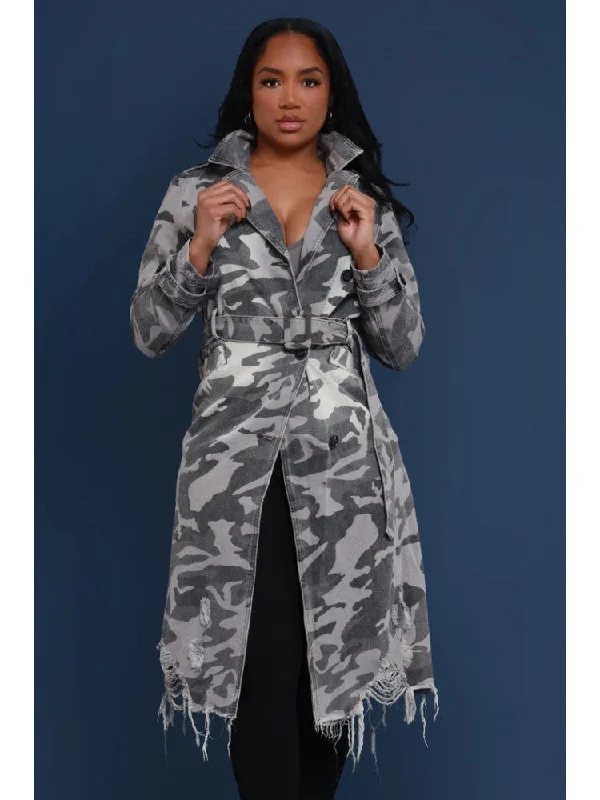 Denim Ripped Camo Tie-wrap Lapel Trench Coat Hip Women's Urban