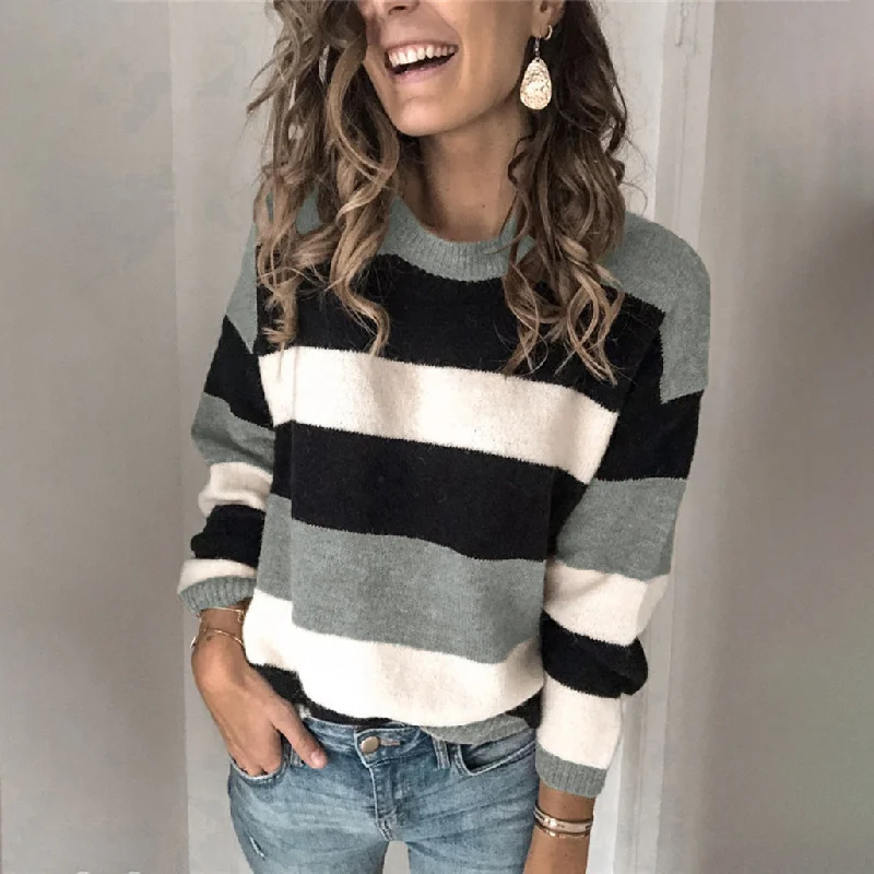 Fashion Long Sleeve Color Block Stripe Pullover Knit Sweater Wholesale Womens Tops Streetwear Style for 