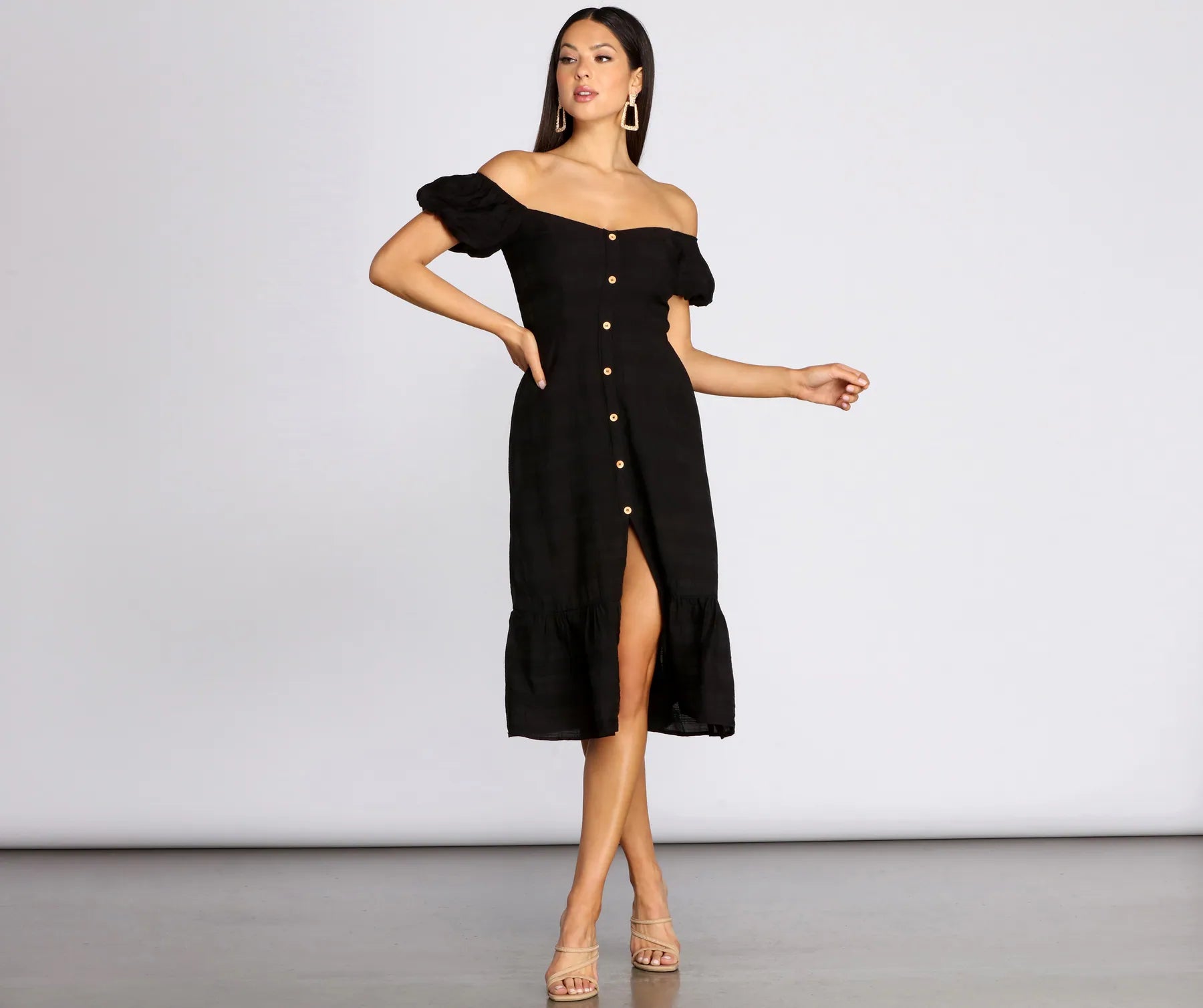 Off The Shoulder Button Front Midi Dress Sustainable Organic
