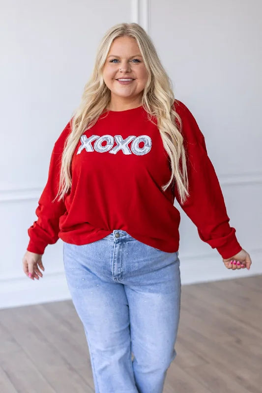 XOXO on Red Crazy Cozy Microfleece Crewneck Adventure