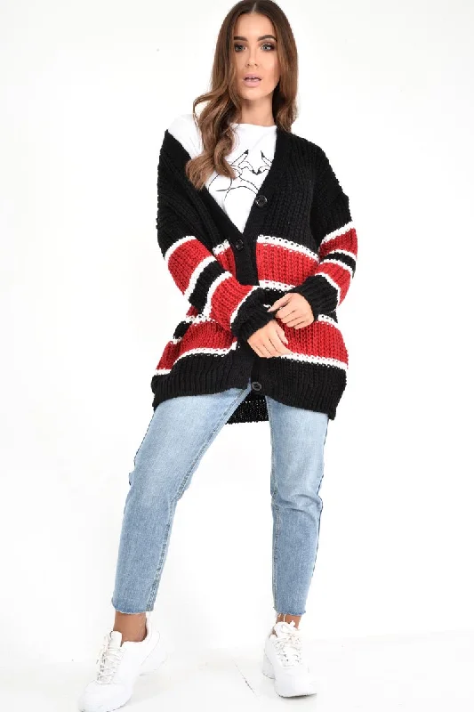 Black Red Colour Block Chunky Knit Cardigan - Brionna Sleek Women's Metallic