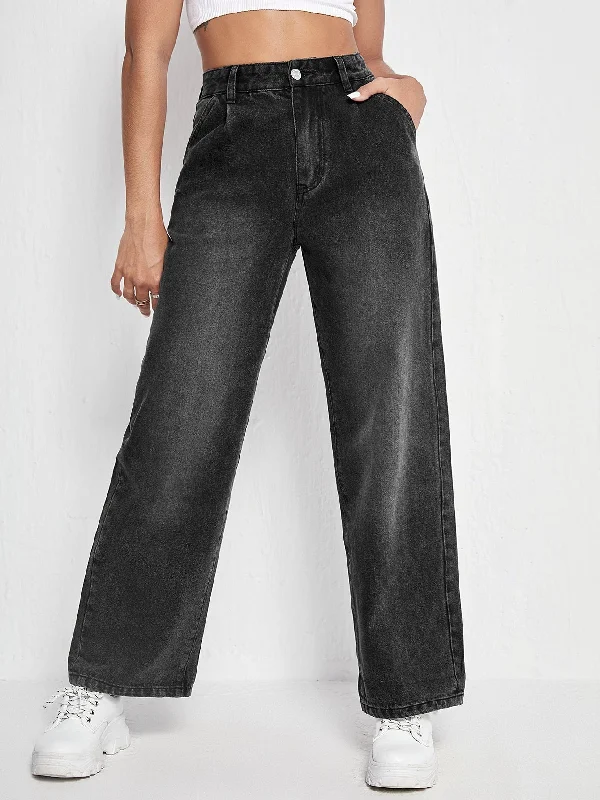 Plain Zipper High Waist Long Women Jeans Polished Women's Silk