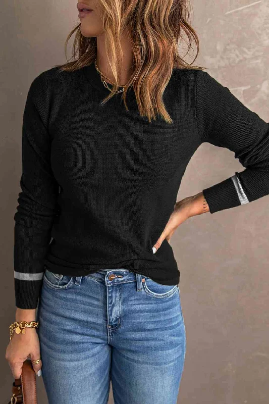 Round Neck Contrast Long Sleeve Knit Top Contemporary 