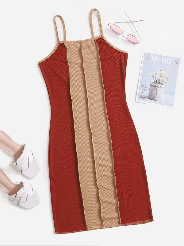 Colorblock Sleeveless Spaghetti Strap Pencil Natural Short Dress