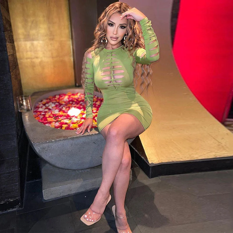 BerryBetty - Slashed Ladder Cut Out Crew Neck Long Sleeve Bodycon Mini Dress - Green Confident Women's High - fashion