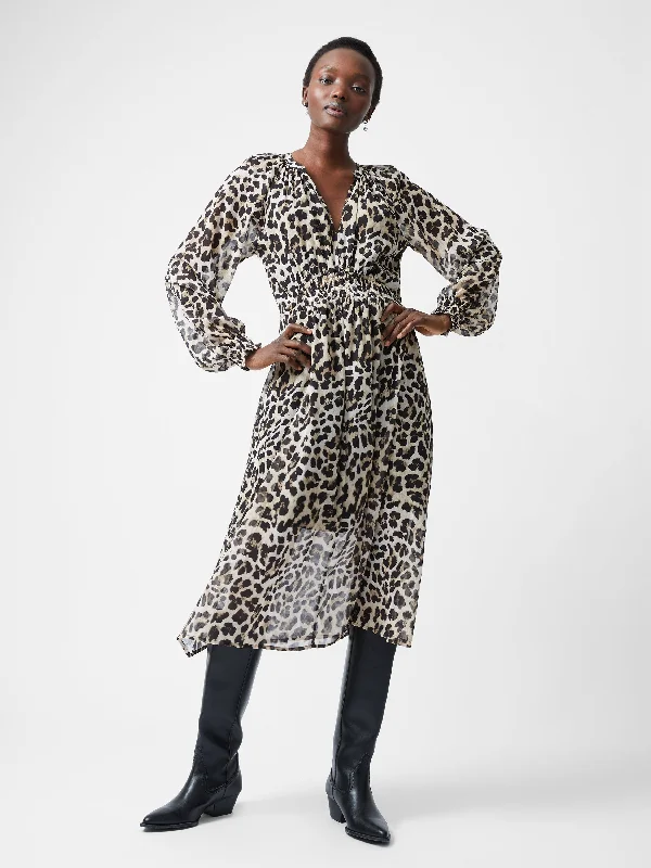 Leopard Print Georgette Long Sleeve Dress