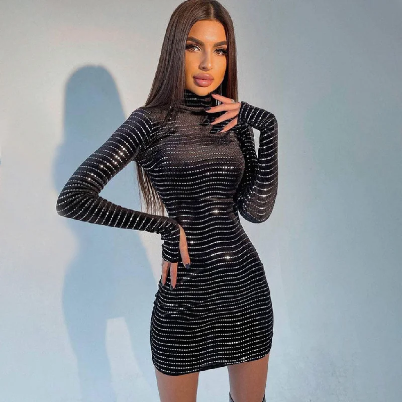 BerryBetty - Sparkly Turtleneck Long Sleeve Sequin Velvet Mini Dress - Black Scandinavian